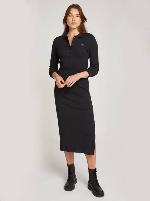CALVIN KLEIN JEANS WOVEN LABEL RIB POLO LS DRESS Letzter Tag